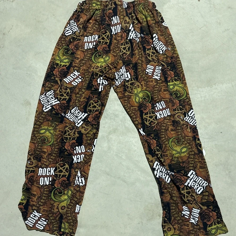 Guitar Hero Pajama Pants Men's SZ M Brown Graphic Print Gamer Lounge Sleep Band